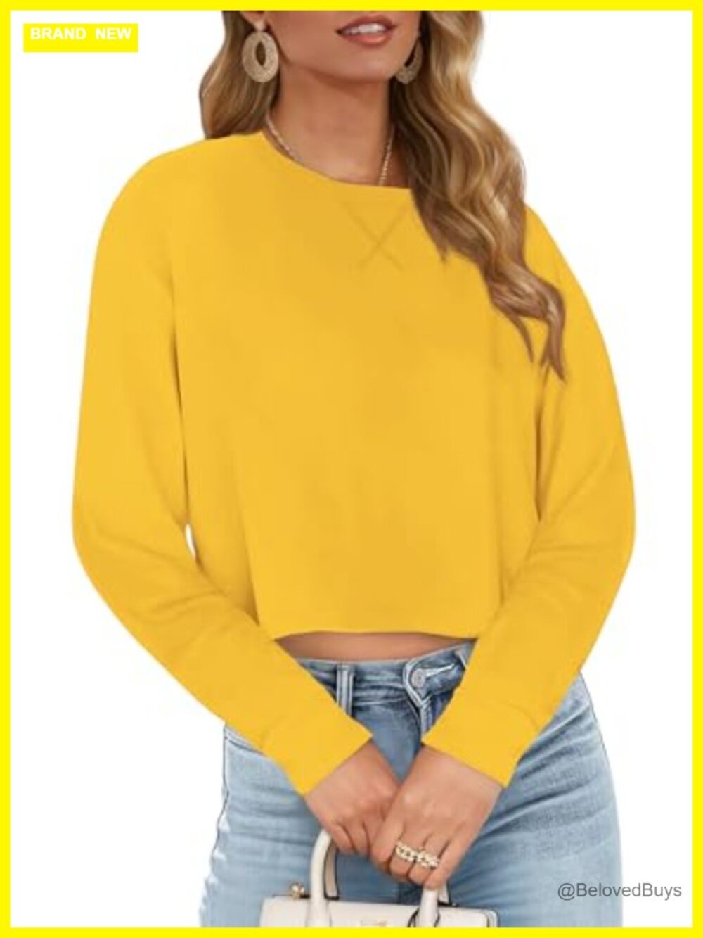 Womens Long Sleeve Crewneck Cropped Sweatshirt Soft Loose Pullover Top